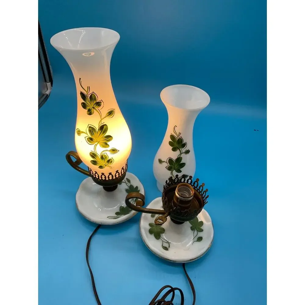 Pair Vintage Hand-Painted Glass Lamps 14